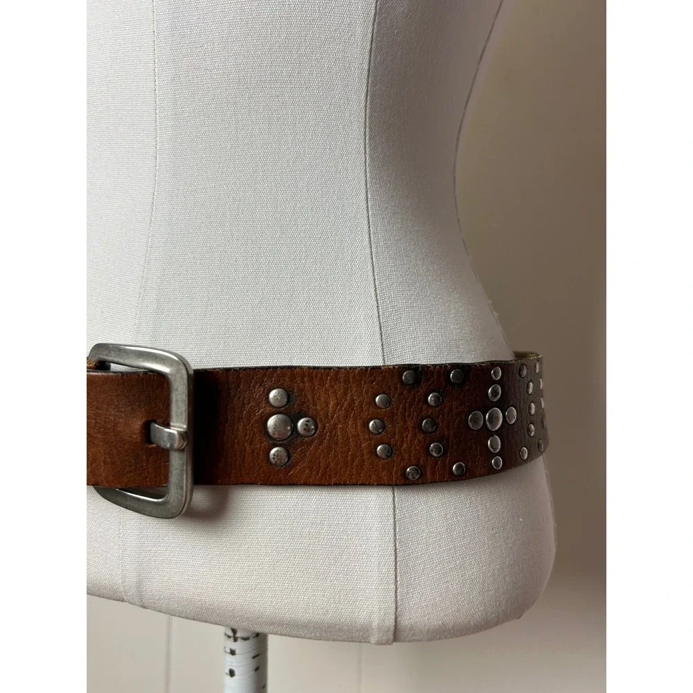 VTG Genuine Leather Studded Belt Brown Western Boho M Festival Grunge Y2K